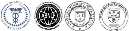 Logos for UK guild of hypnotist examiners, ABNLP, Timeline Therapy Association and the American board of Hypnotherapy