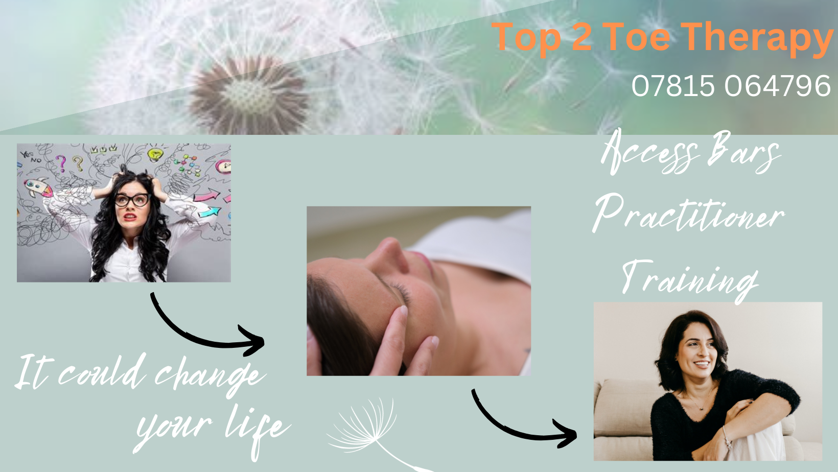 Access Bars Feb 10th Words read "Access Bars Practitioner Training, it could change your life, Top 2 Toe 07815 064796". Images: woman looking stressed with graphics showing chaos, an image of a woman on a treatment couch with a therapist's hand on her head, smiling woman sitting on a sofa